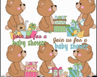 Whimsical Baby Shower Bears Clipart Collection - Create Party Decor, Tags, Greeting Cards, Candy Wrappers, &  More - Commercial Use