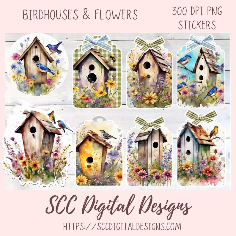 Floral Clipart Printable Stickers for Book, Birdhouse PNG Files for ...