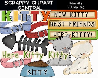 Here Kitty Clipart - Create Kids Printables - Commercial Use - Cat Treats PNG - Scrapbook Kitten Elements -  Digital Kitties Kittens