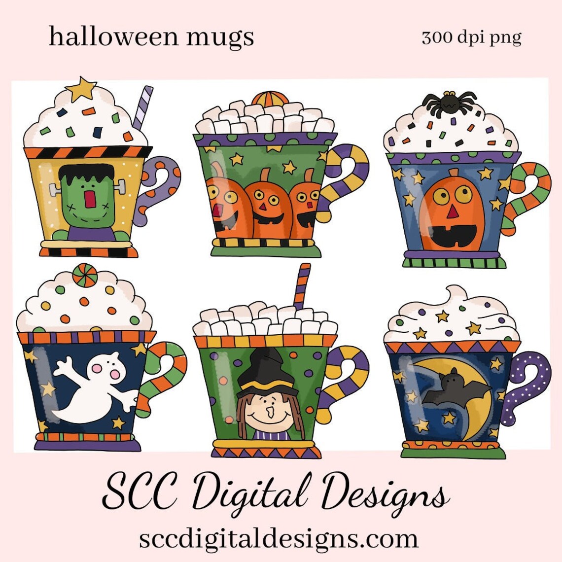 Halloween Mugs Clipart Spooky Pumpkins Green Monster Bat Etsy