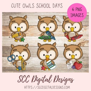 Imágenes prediseñadas de búhos lindos, búho con elementos escolares: lápiz, crayones, pegamento, boleta de calificaciones, elementos de scrapbooking, pegatinas digitales e imprimibles DIY