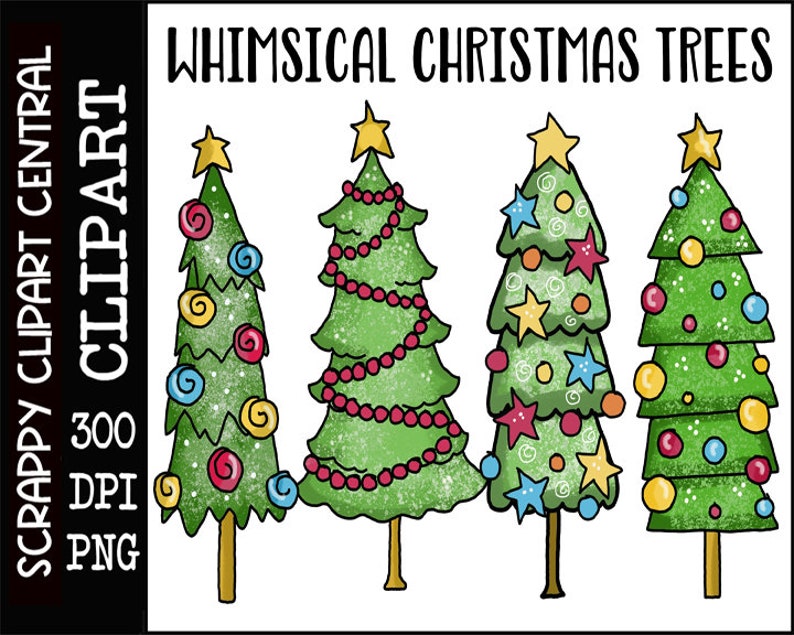Whimsical Christmas Trees Clipart Create Tags Greeting | Etsy