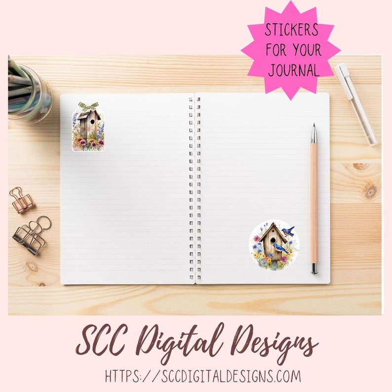 Floral Clipart Printable Stickers for Book, Birdhouse PNG Files for ...