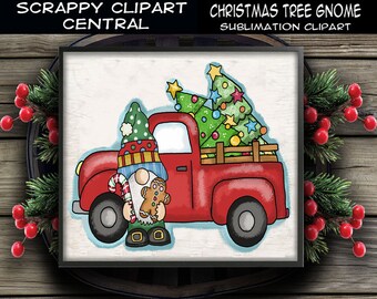 Christmas Tree Gnome Sublimation Clipart, Vintage Red Truck, Xmas Candy, Gingerbread, Commercial Use, Instant Download, Clip Art PNG Set