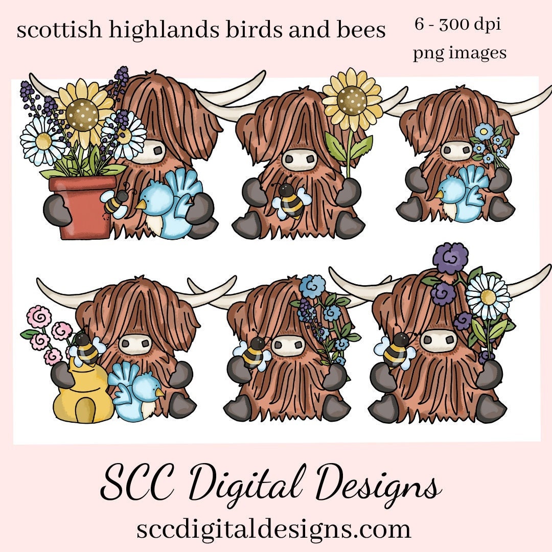 Scottish Highland Cow Birds and Bees Clipart - Cows With Birds, Flowers ...