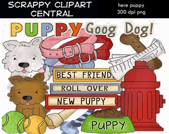 Here Puppy Clipart - Create Kids Printables - Commercial Use - Dog Toys PNG - Puppies Scrapbook Elements - Word Art - Wordart
