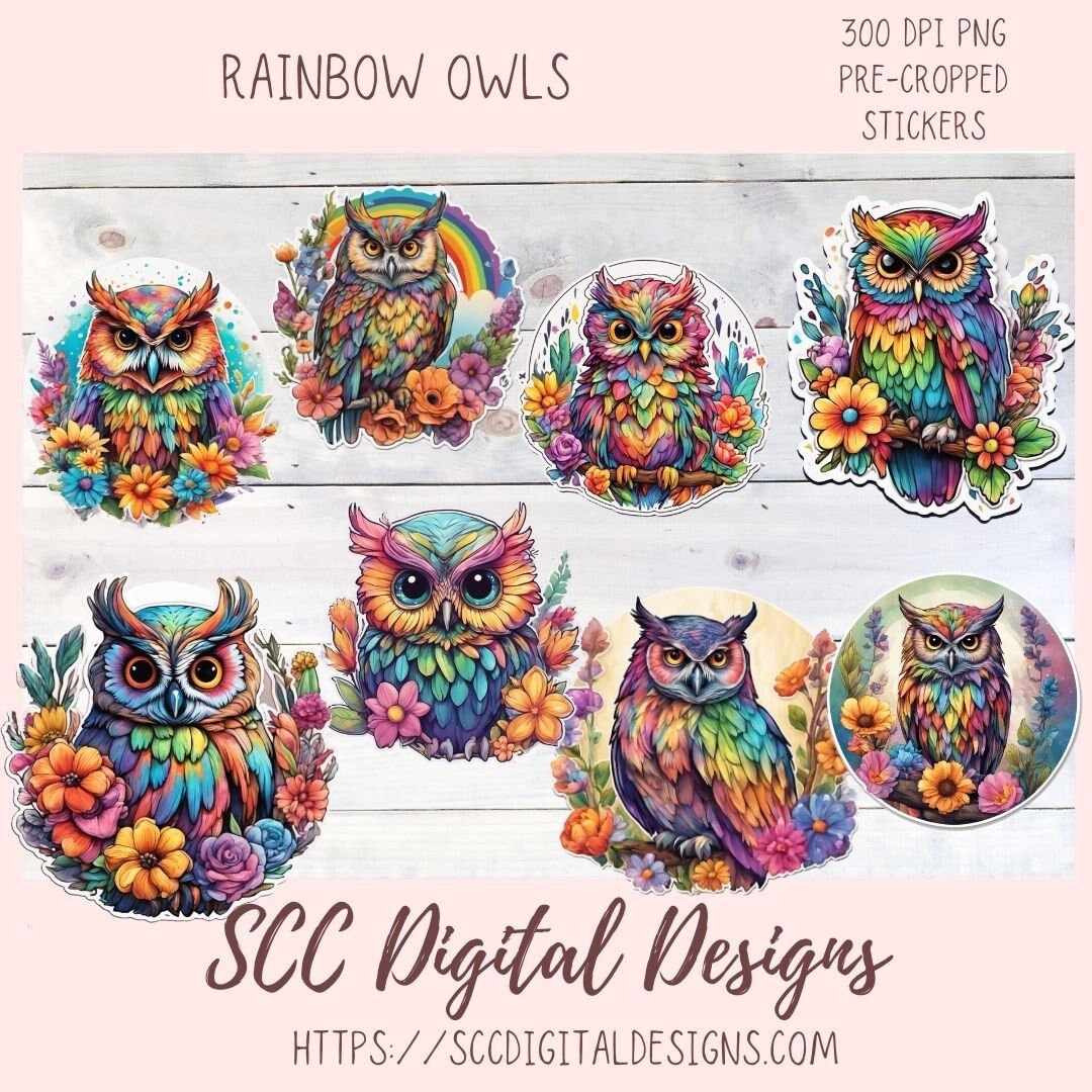 Cute Owl Clipart, Pre-Cropped PNG Images for Digital Planning, Rainbow Owls Art for Crafts and Decor