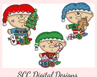 Santa's Elves PNG, Gingerbread Cookie, Cocoa Mug, Christmas Tree, Snowman, DIY Gift for Her, Instant Download, Commercial Use Clip Art Set
