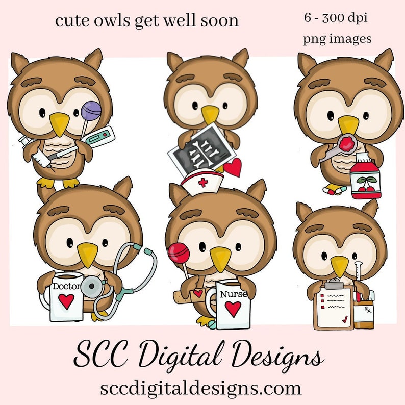 Get Well Soon Cute Owls Clipart Owl with Nurse & Doctor Mug, Thermometer, X-ray, Create Mugs, T-Shirts, Feel Better Greeting Cards or Tags image 1