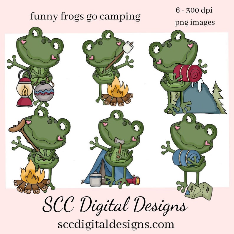 Funny Frogs Go Camping, Frog Clipart, Frog with Sleeping Bag, Tent, Campfire, & Smores, Create Camper Decor, Mugs, T-Shirts, Glamper Signs image 1