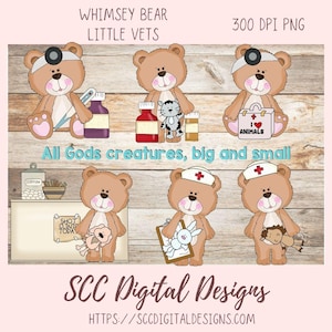 Whimsical Bear Clipart, Veterinarian Word Art Dog Cat Bunny PNG Bundle, Bear Vet Clip Art Scrapbook Elements Teacher Resources Nursery Decor