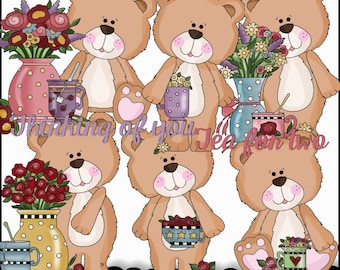 Whimsey Bear Flowers and Tea Clipart - Create Kids Printables - Commercial Use - Create Unisex Kid's T-Shirts - Flowers & WordArt PNG