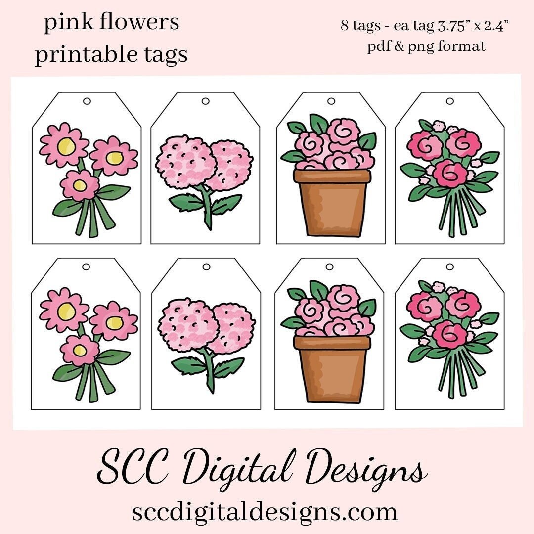 Printable Tags for Gift Pink Flowers Print at Home Cards - Etsy