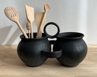Black kitchen Utensil Holder, Ceramic utensil holder, double black pot, Pottery vase, handmade pottery
