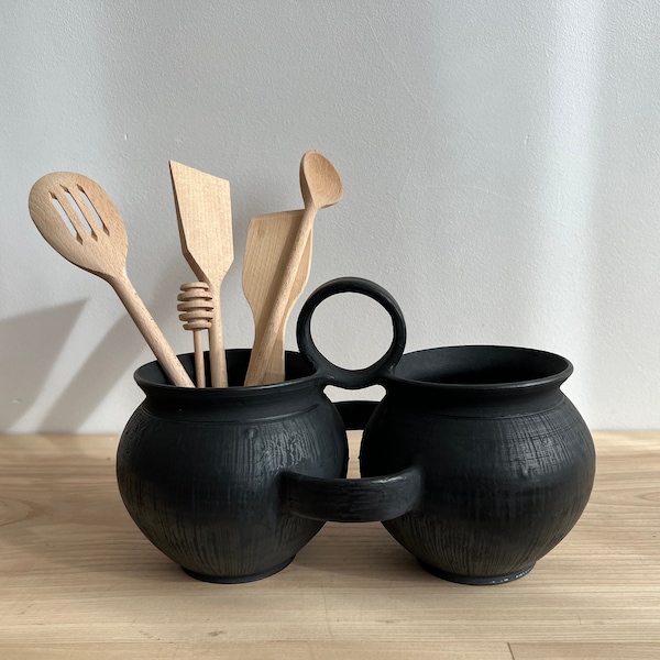 Porte-ustensiles de cuisine noir, porte-ustensiles en céramique, double pot noir, vase en poterie, poterie faite main