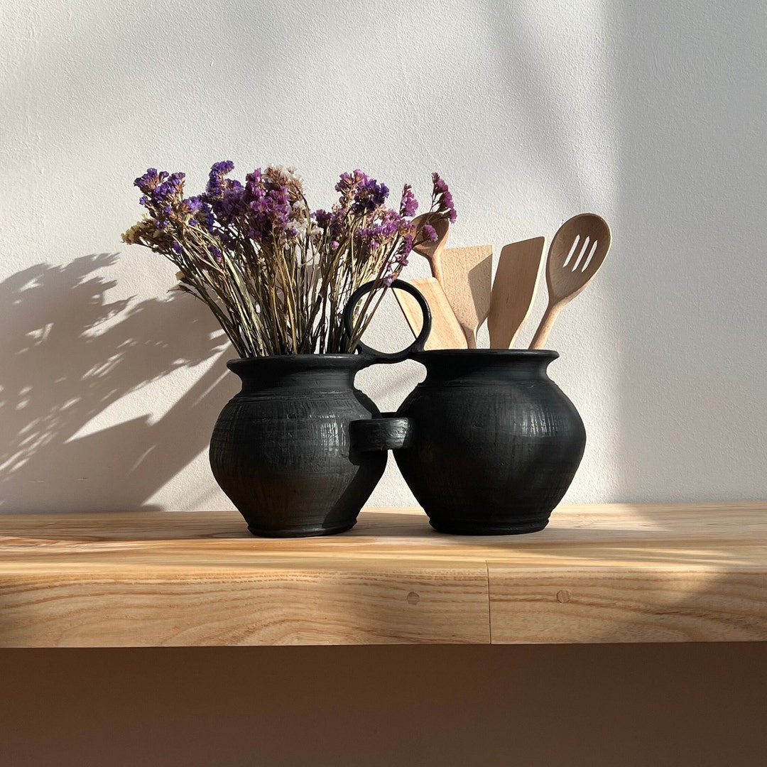 Black Kitchen Utensil Holder, Ceramic Utensil Holder, Double Black Pot ...