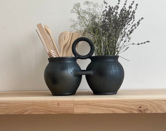 Black kitchen Utensil Holder, Ceramic utensil holder, double black pot, Pottery vase, handmade pottery