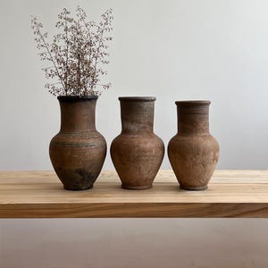 Vintage Brown Clay Pot | Handmade Rustic Ceramic Vase | Antique Beige Flower Vase | Dried Flowers Decor | Boho Home Interior Accent
