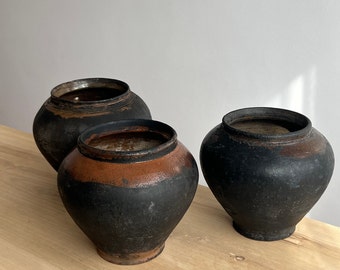 Vintage Ukrainian Black Clay Pot - Antique Handmade Rustic Jar - Dark Ceramic Decor,