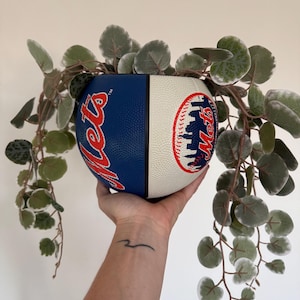 May include: A repurposed baseball planter featuring the New York Mets logo in blue, white, and red. The planter is filled with trailing green and white foliage, creating a unique decorative piece.