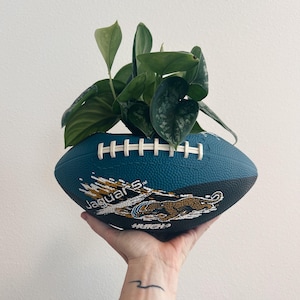 May include: A teal blue football with the Jacksonville Jaguars logo and the word "Jaguars" printed on it. A green plant is growing out of the top of the football.