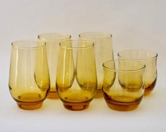 Libbey Amber Glass Tempo Tumbler and Lowball Glass Set 6 Piece MCM Vintage