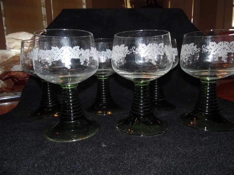 6 Vintage etched Drinking Glasses with Green Stems Etsy