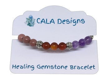 Cancer Support Healing Crystal Gemstone Bracelet - Handcrafted - Amethyst, Carnelian and Rhodonite 8mm