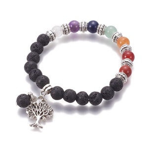 Bracelet d’aromathérapie diffuseur en cristal de 7 chakras et pierre de lave avec charme d’arbre de vie - Plaque d’argent antique tibétaine UNISEXE