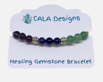 Overcoming Grief Support Healing Crystal Gemstone Bracelet - Handcrafted - Amethyst, Aventurine and Lapis Lazuli  8mm