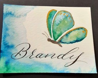 Carte per posti a sedere calligrafiche a farfalla dipinte a mano, carte di scorta, carte da posti a sedere calligrafiche, carte di scorta butterfly, carte calligrafiche personalizzate