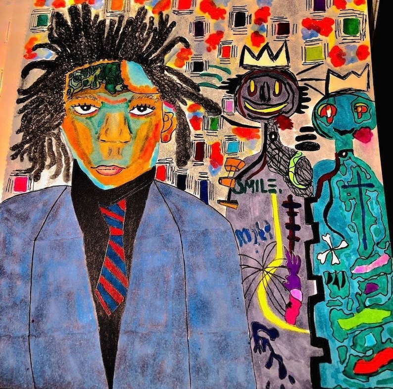 K&ouml;nnte beinhalten: Ein farbenfrohes Gem&auml;lde eines Mannes mit Dreadlocks, der einen blauen Anzug und eine rot-blau gestreifte Krawatte tr&auml;gt. Der Hintergrund ist ein farbenfrohes abstraktes Design mit den Worten "SMILE" und "miled" in Schwarz.