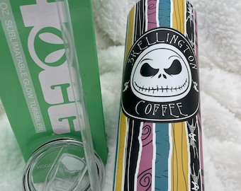 Skellington Coffee Green Glow Sublimated 20oz Straight Skinny Tumbler con tapa deslizante y pajita - Nightmare Jack/Sally Pattern Tumbler