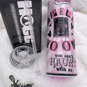 Spooky Mean Girl Spell Book Sublimated sealed in Resin 20oz Straight Skinny Tumbler w/ Lid and Straw - Pink Halloween Mean Girls Tumbler