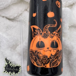 Neon Cat/Pumpkin Peekaboo 20oz Thick Stainless Tumbler- Orange Halloween Tumbler, Cute cat Resin Tumbler