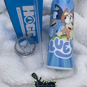 Bluey Blue Glow Sublimated 20oz Straight Skinny Tumbler w/ Sliding Lid and Straw - Bluey and Bingo Paw Print Glow Tumbler, Blue Dog Tumbler