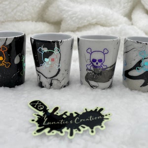 Skull Hydro Dip Ceramic Shot Glasses, Set of 4. Black and White Marble Effect Resin Shot Glasses, Black and White Swirl Shot Glass