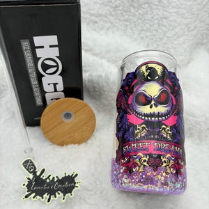 NBC Sweet Dreams  16oz Glitter Globe Glass Can Tumbler with Bamboo lid, Jack Skellington  Glitter Cup, Nightmare B4 Christmas