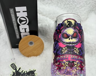 NBC Sweet Dreams  16oz Glitter Globe Glass Can Tumbler with Bamboo lid, Jack Skellington  Glitter Cup, Nightmare B4 Christmas