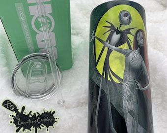 Jack Skellington Green Glow Cup Vaso sublimado de 15 oz con tapa deslizante y paja - Vaso con patrón Nightmare Jack - Halloweentown Glow Cup