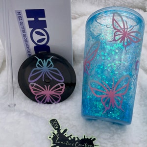 Butterfly - Blue Resin Sealed  16oz Glitter Globe Acrylic Tumbler with Lid and Straw, Pastel Rainbow Butterfly Snowglobe Tumbler