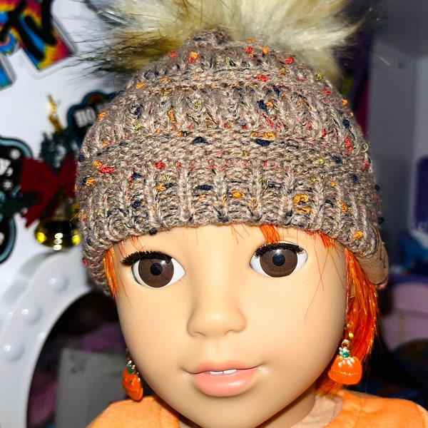 18” doll Faux fur & knit Pom Pom beanie.