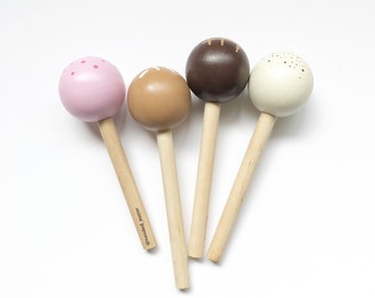 Set of FOUR Wooden Cake Pops for Pretend Play: Perfect for boys and girls, Easter basket gifts, wooden food, play kitchens