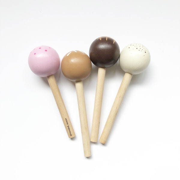 Set of FOUR Wooden Cake Pops for Pretend Play: Perfect for boys and girls, Easter basket gifts, wooden food, play kitchens