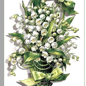 May include: A detailed illustration of a bouquet of white lily of the valley flowers in a green basket with green bows. The flowers have small, bell-shaped blooms and are surrounded by green leaves. The artwork is set against a white background.