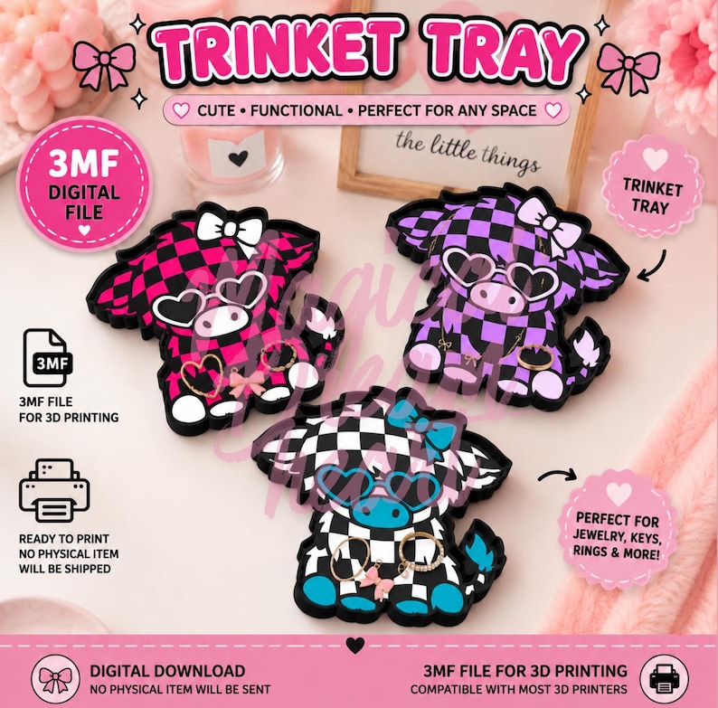 Checkered Highland Cow Trinket Tray 3MF File, Kawaii Checkerboard Tray ...