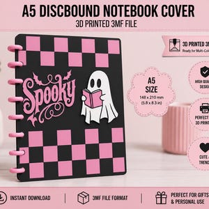 May include: A black and pink A5 discbound notebook cover featuring a checkered pattern, the word Spooky in pink script, and a white ghost graphic reading a pink book. The cover measures 5.8 by 8.3 inches and is designed as a 3D printed 3MF file.