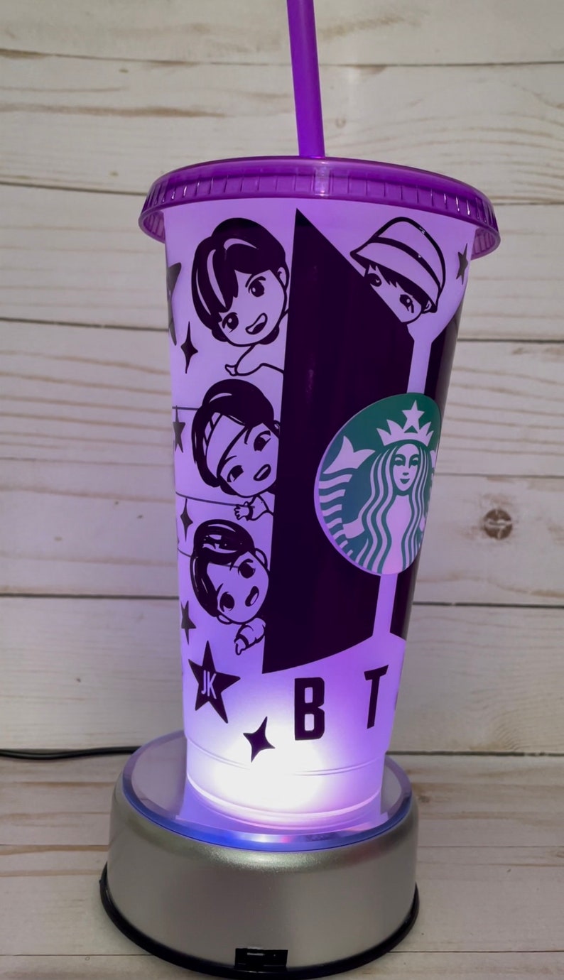 BTS Army Tiny Tan Starbucks cold cup with permanent vinyl Cups are sealed. with purple straw 