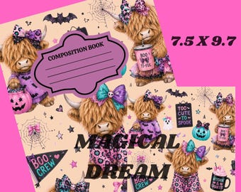 Purple Halloween Highland Cow Composition Notebook Cover PNG Back To School Theme