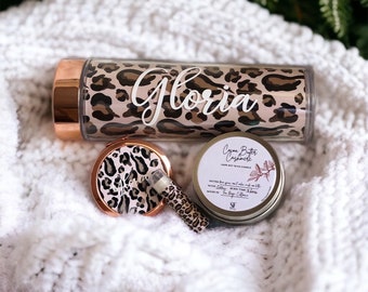 Leopard Print Gift Box Set, Personalized Tumbler, Soy Candle